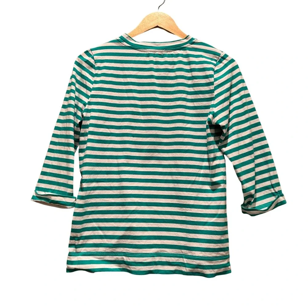 WoolOvers‎ Lace Insert 3/4 Sleeve Tee Shirt Jade White Stripe Size Small Cotton